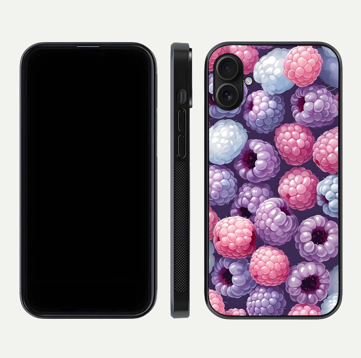Berry Candy Pop Glass Case for iPhone 16 Pro front-and-back layout showing colorful pattern and sleek protective frame