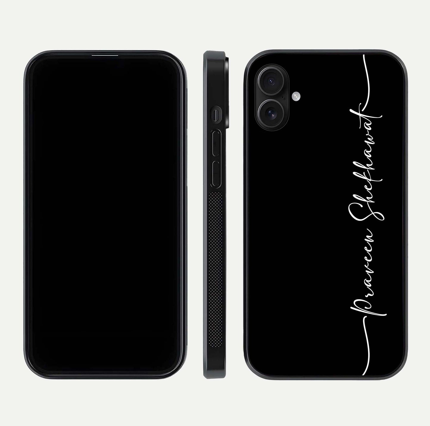Black Tune Custom Name Glass Case for iPhone 16 Pro front-and-back layout showing personalized name zone and edges