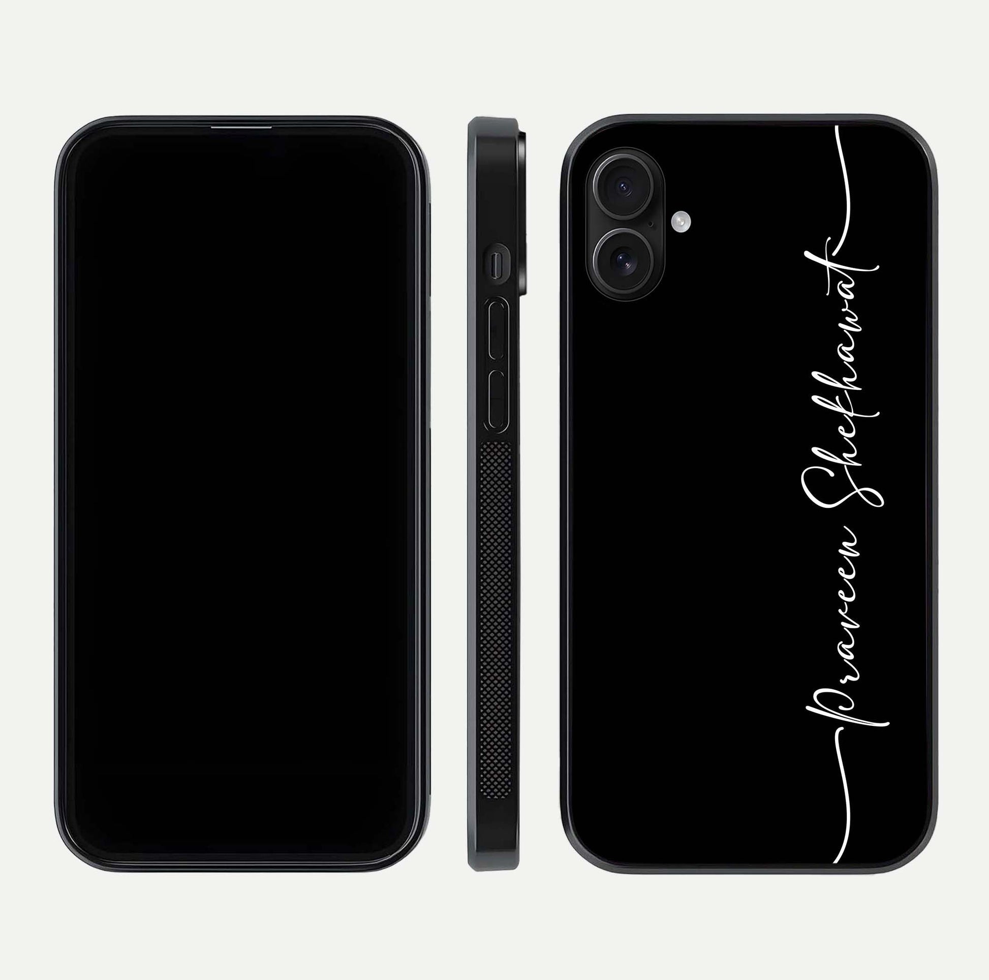 Black Tune Custom Name Glass Case for iPhone 16 Pro front-and-back layout showing personalized name zone and edges
