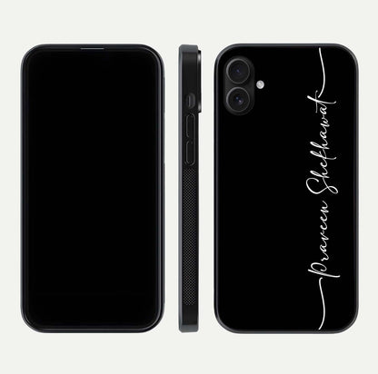 Black Tune Custom Name Glass Case for iPhone 16 Pro front-and-back layout showing personalized name zone and edges
