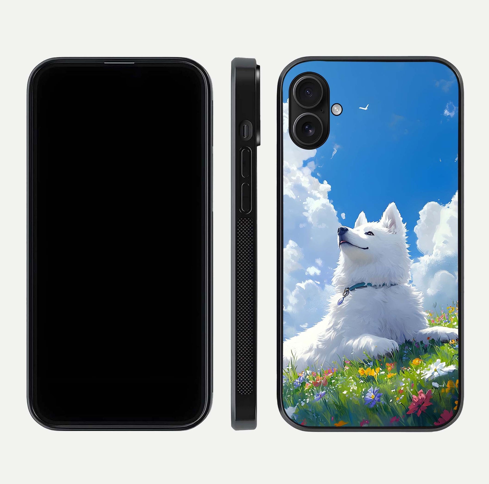 Blissful Cloud Pup Glass Case for iPhone 16 Plus front-and-back layout showing art alignment and edge design