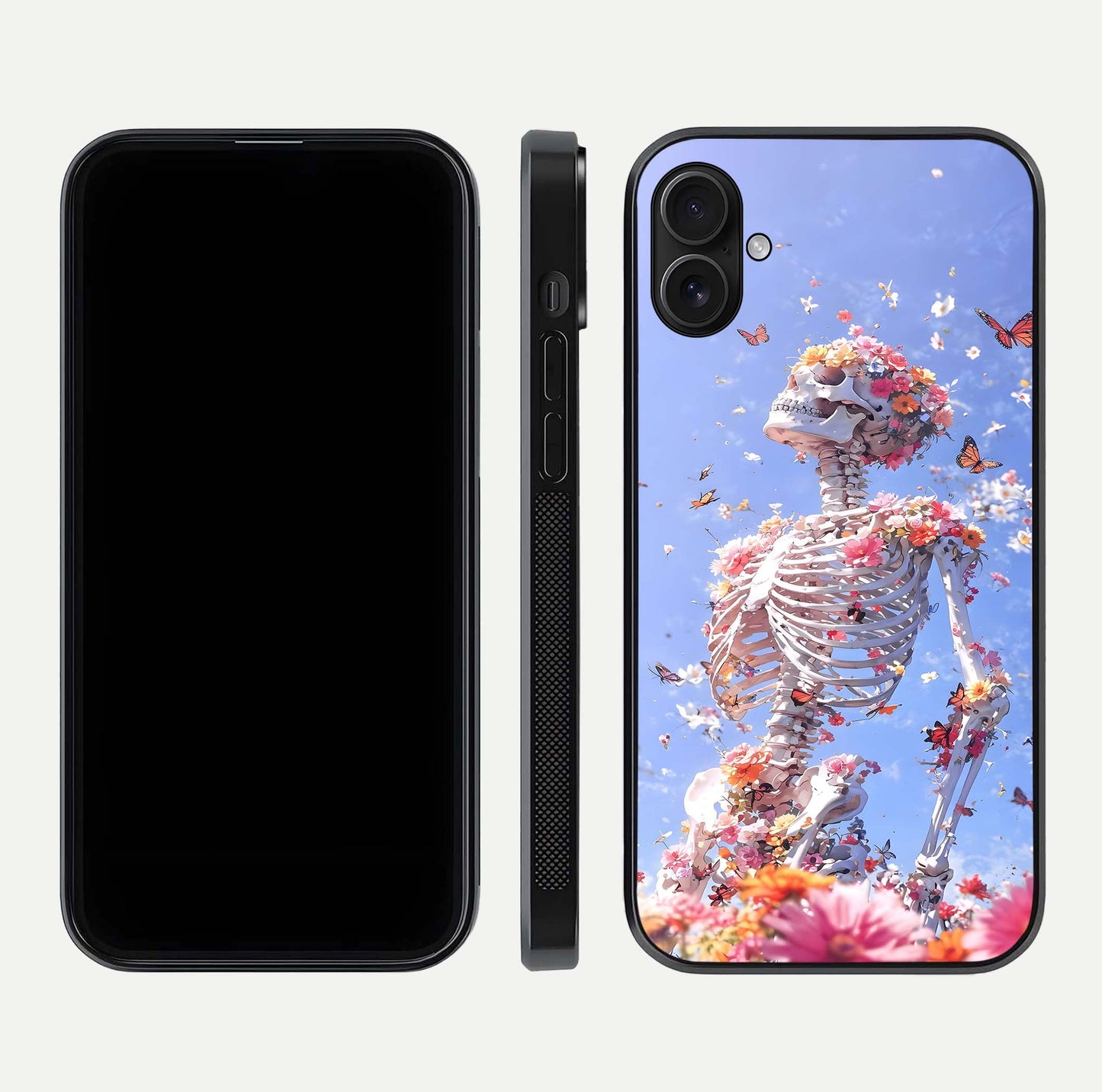 Bloom Beyond Bones Glass Case for iPhone 16 Plus dual-view layout showing creative aesthetic and edge design