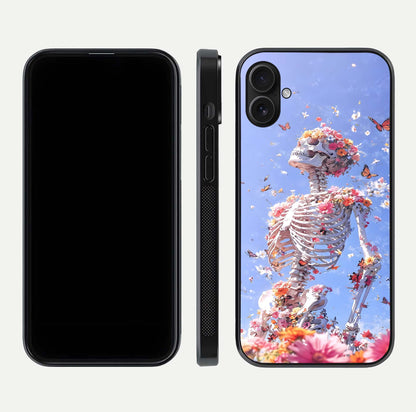 Bloom Beyond Bones Glass Case for iPhone 16 Plus dual-view layout showing creative aesthetic and edge design