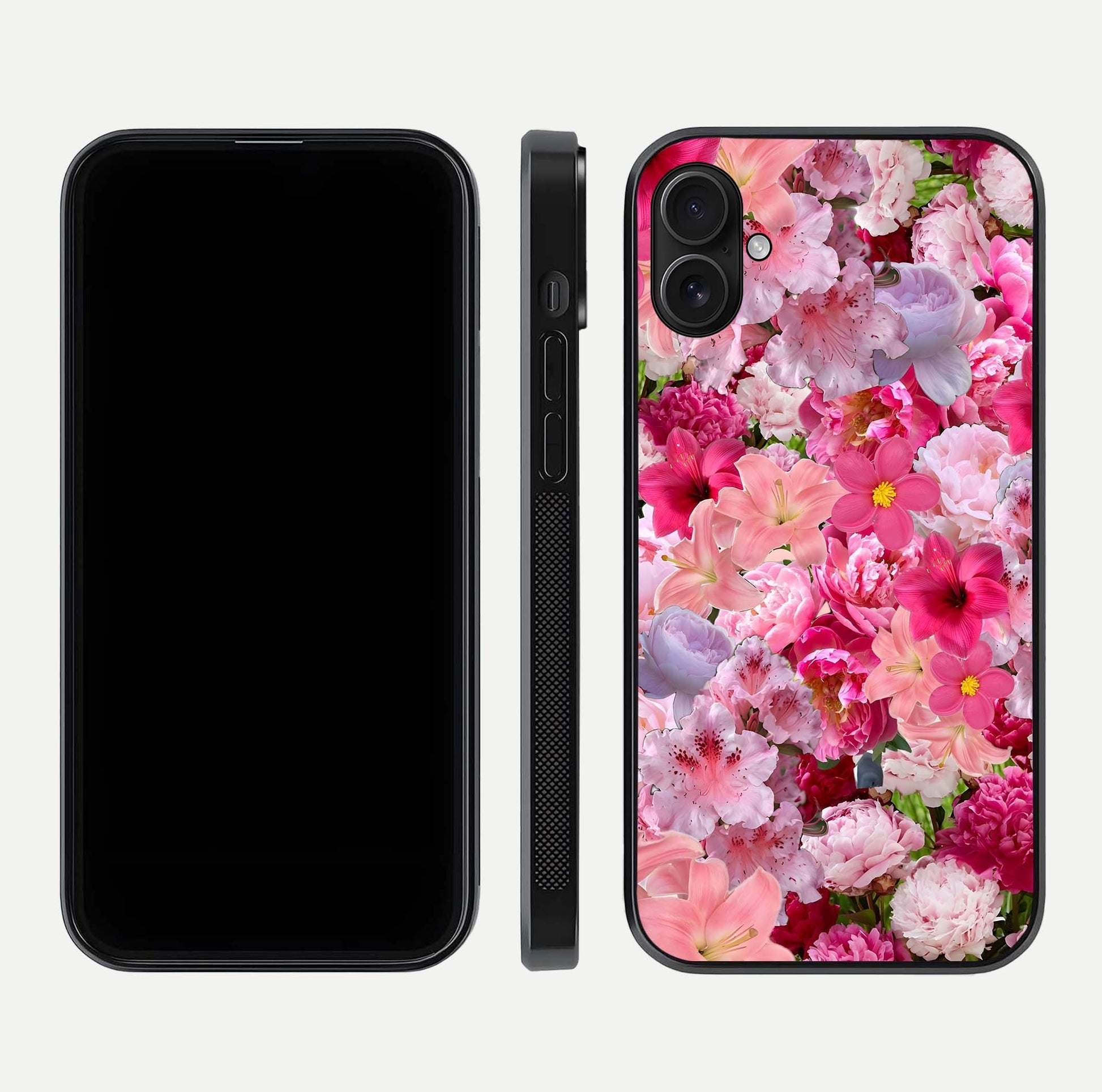 Bloom Crush Fantasy Glass Case for iPhone 16 Plus dual-view layout highlighting edges and premium shine