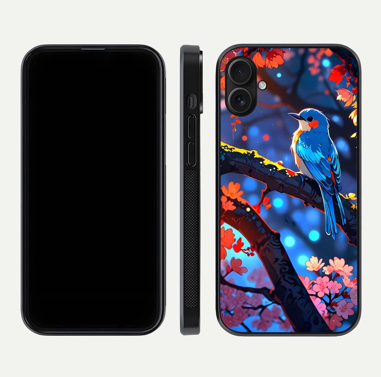 Blooming Spendor Bird Glass Case for iPhone 16 Pro front-and-back view showing nature print and protective edge