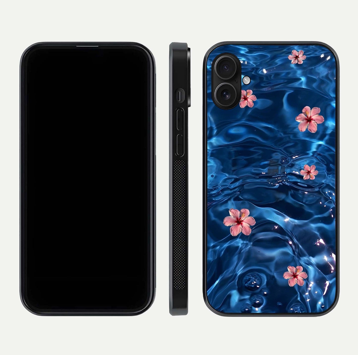 Blooming Water Drift Glass Case for iPhone 16 Plus front-and-back layout highlighting edge design and serene water bloom art