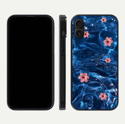 Blooming Water Drift Glass Case for iPhone 16 Plus front-and-back layout highlighting edge design and serene water bloom art