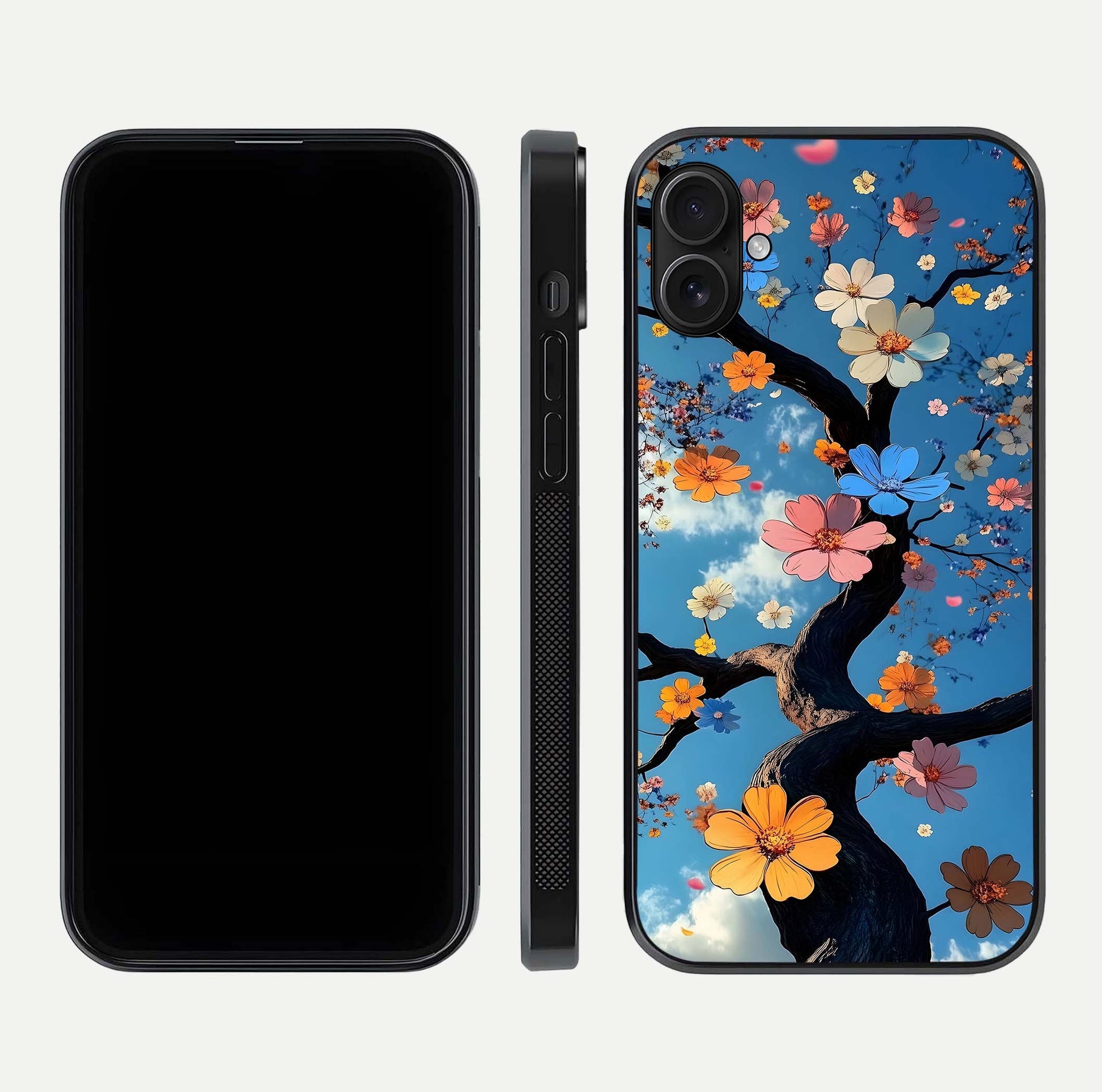 Blossom Dream Sky Glass Case for iPhone 16 Pro front-and-back layout showing floral print and premium edge gloss