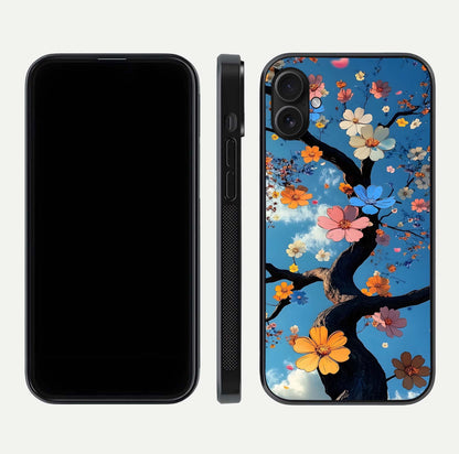 Blossom Dream Sky Glass Case for iPhone 16 Pro front-and-back layout showing floral print and premium edge gloss