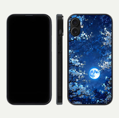 Blossom Moonlight Sky Glass Case for iPhone 16 Plus dual-view layout highlighting sky gradient and floral composition