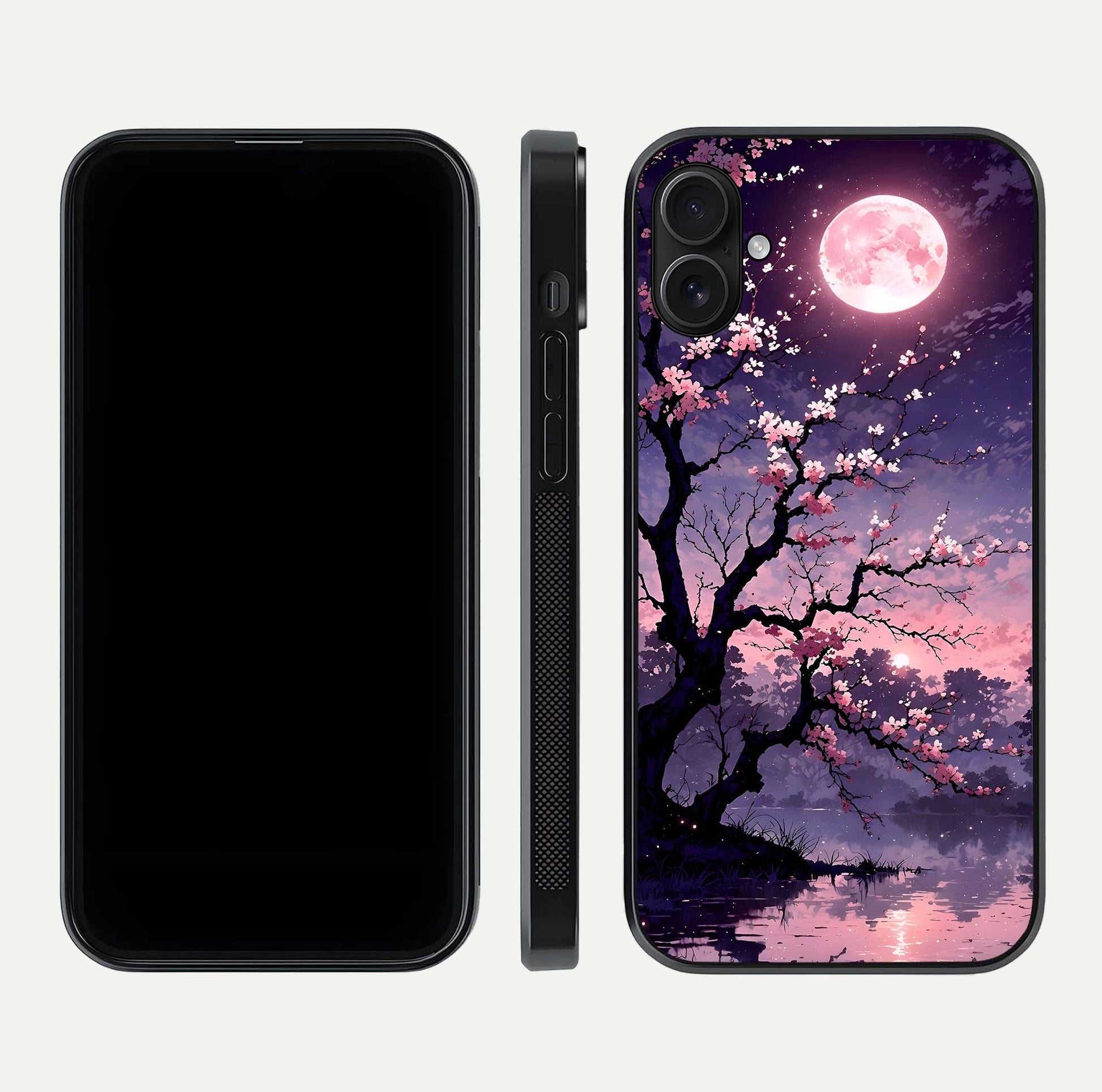 Blossom Pink Moon Glass Case for iPhone 16 Pro front-and-back layout showing minimal edges and artistic flower print
