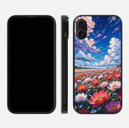 Blossom Sky Field Glass Case for iPhone 16 Plus front-and-back layout highlighting design edges and gloss clarity