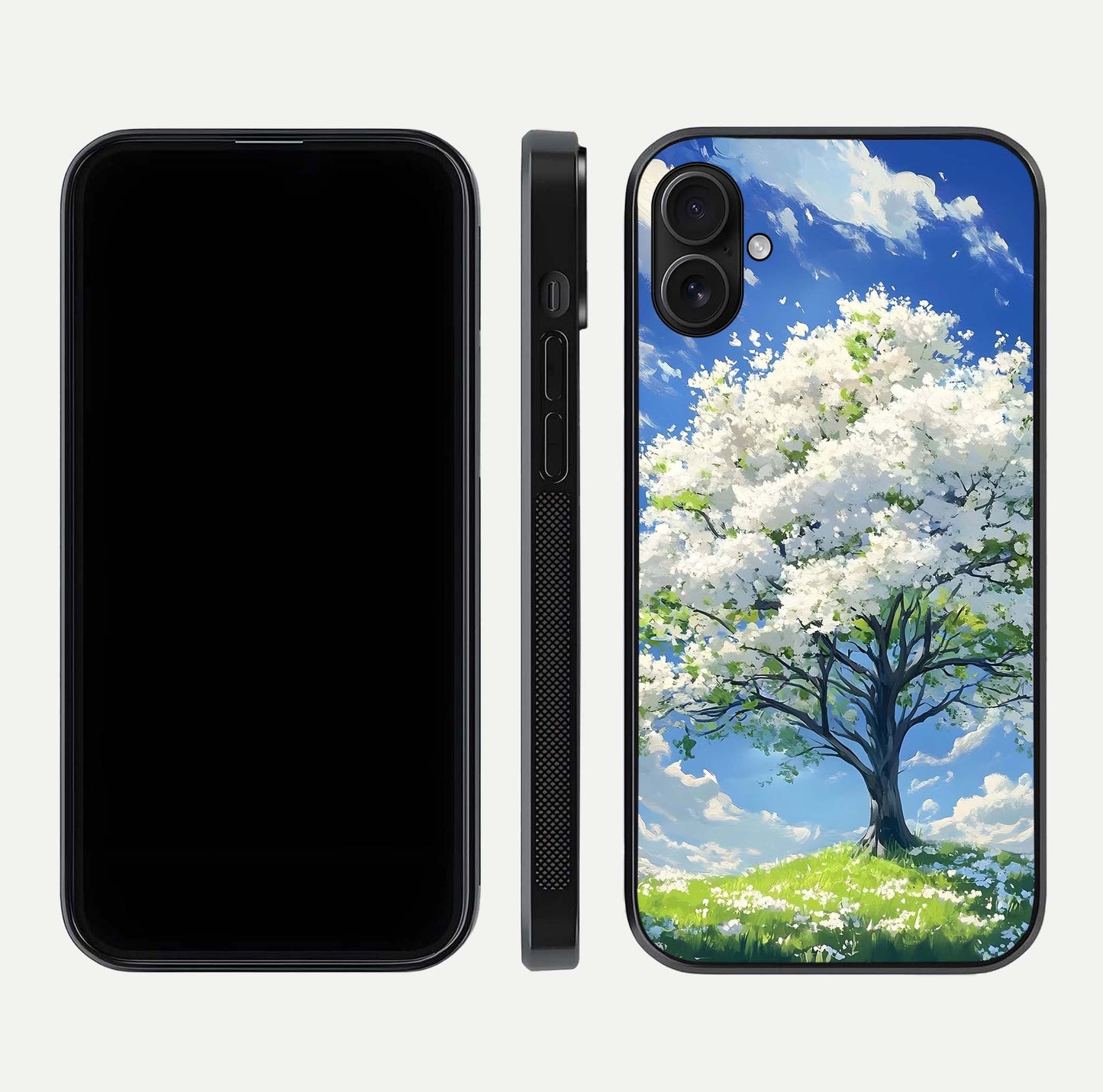 Blossom Sky Serenity Glass Case for iPhone 16 Plus dual-view layout showing pastel hues and soft protective edges