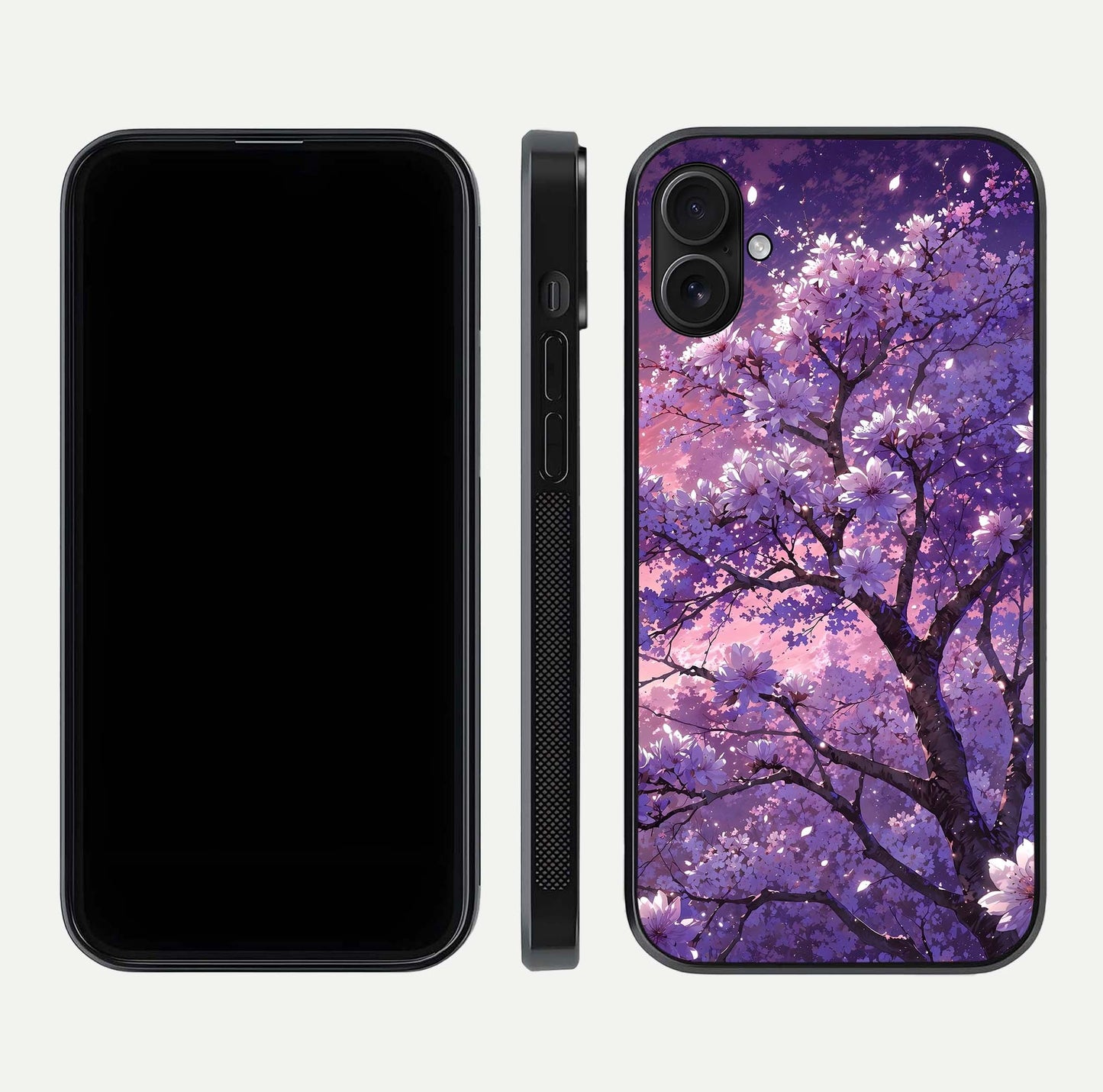 Blossom Tree Glass Case for iPhone 16 Plus front-and-back layout showing art alignment and gloss reflection