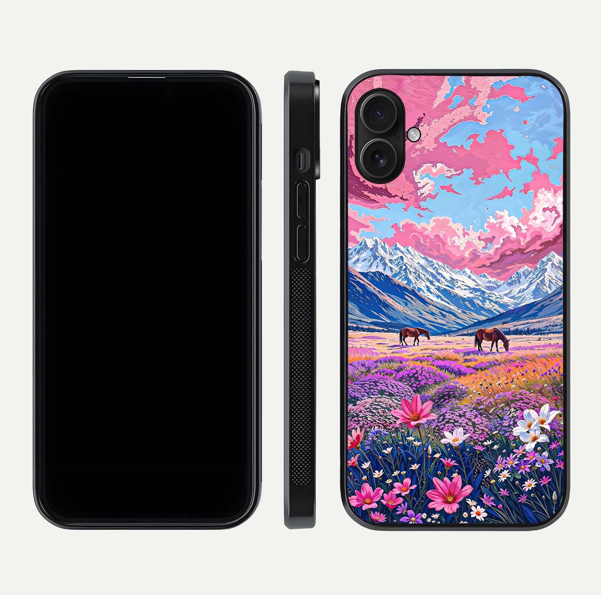 Blossom Valley Dream Glass Case for iPhone 16 Pro front-and-back layout highlighting glossy reflection and edge cut