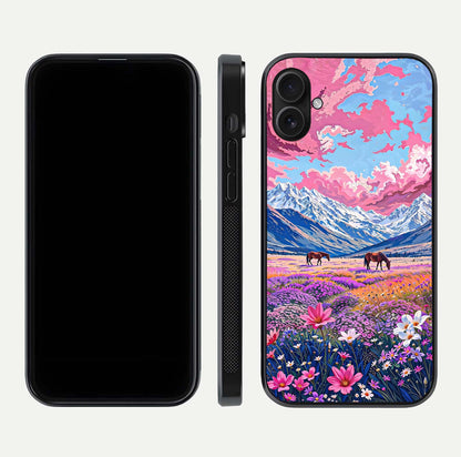Blossom Valley Dream Glass Case for iPhone 16 Pro front-and-back layout highlighting glossy reflection and edge cut