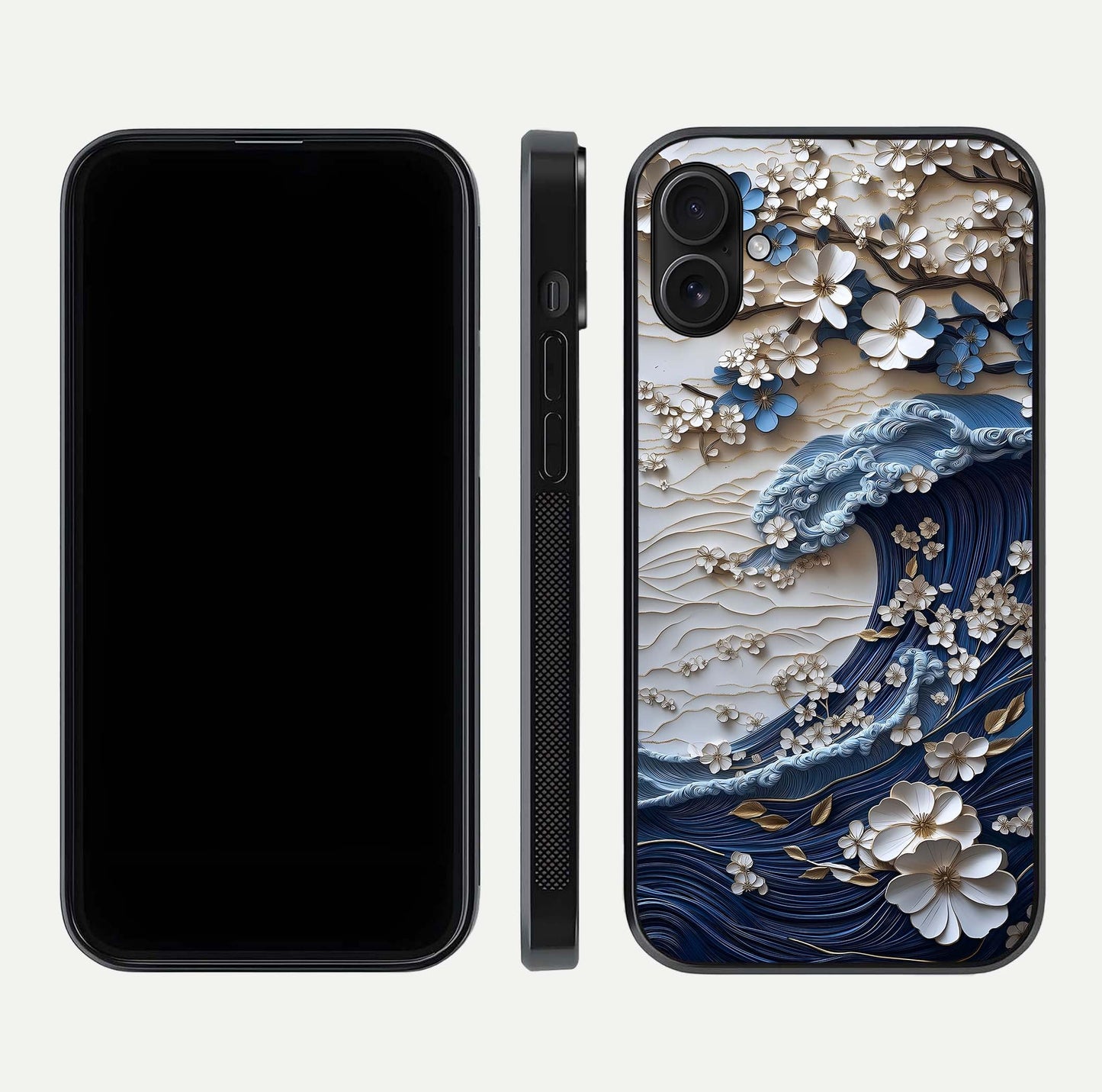 Blossom Wave Art Glass Case for iPhone 16 Pro front-and-back layout showing curved design and glass clarity