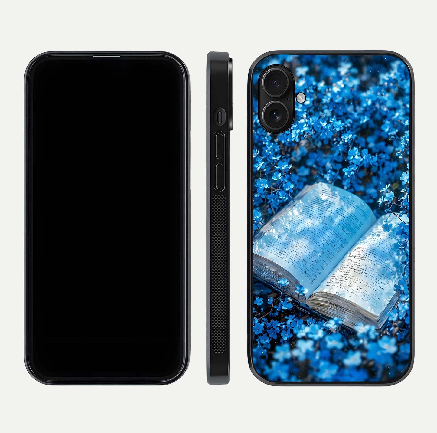Blue Bloom Tales Glass Case for iPhone 16 Pro dual-view layout highlighting shine, floral print, and smooth edges