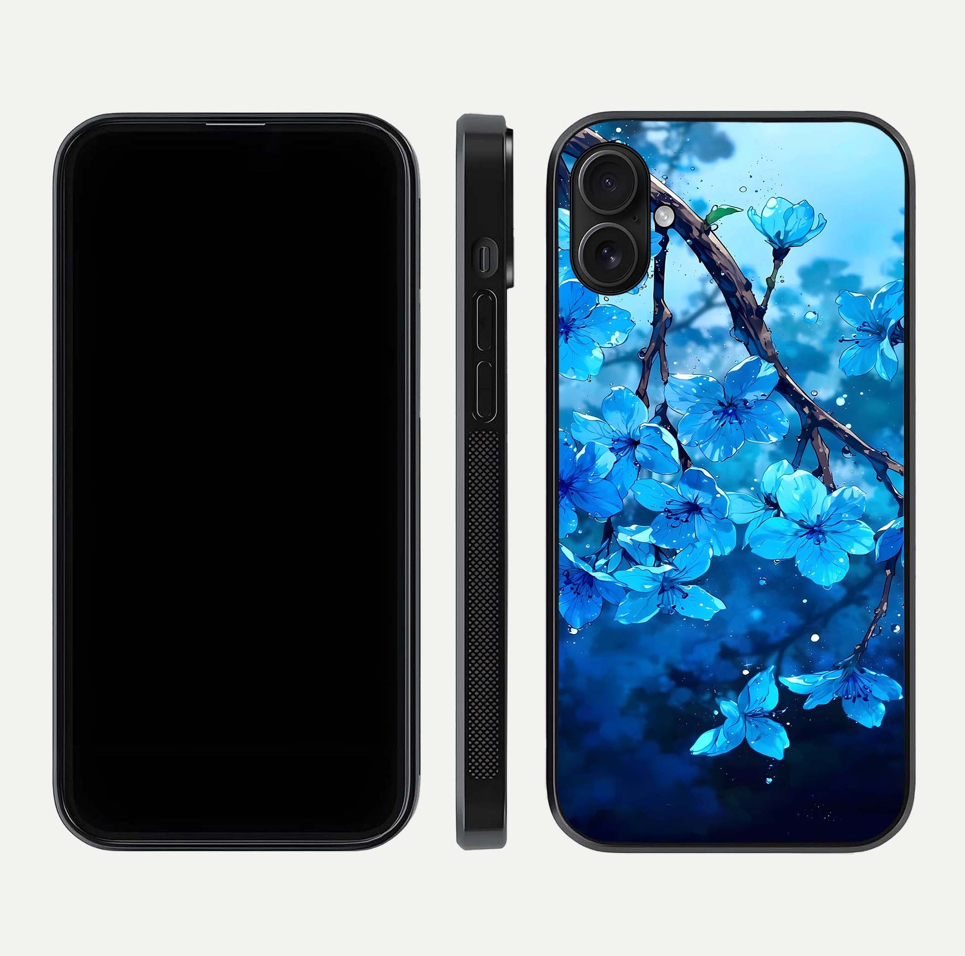 Blue Blossoms Branch Glass Case for iPhone 16 Plus dual-view layout displaying floral art and sleek protective frame