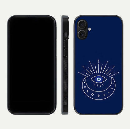 Blue Evil Eye Glass Case for iPhone 16 Pro front-and-back layout showing blue aura design and curved-edge clarity
