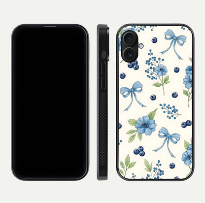 Blue Flower & Bow Glass Case for iPhone 16 Plus dual-view layout showing balanced pattern and smooth edges