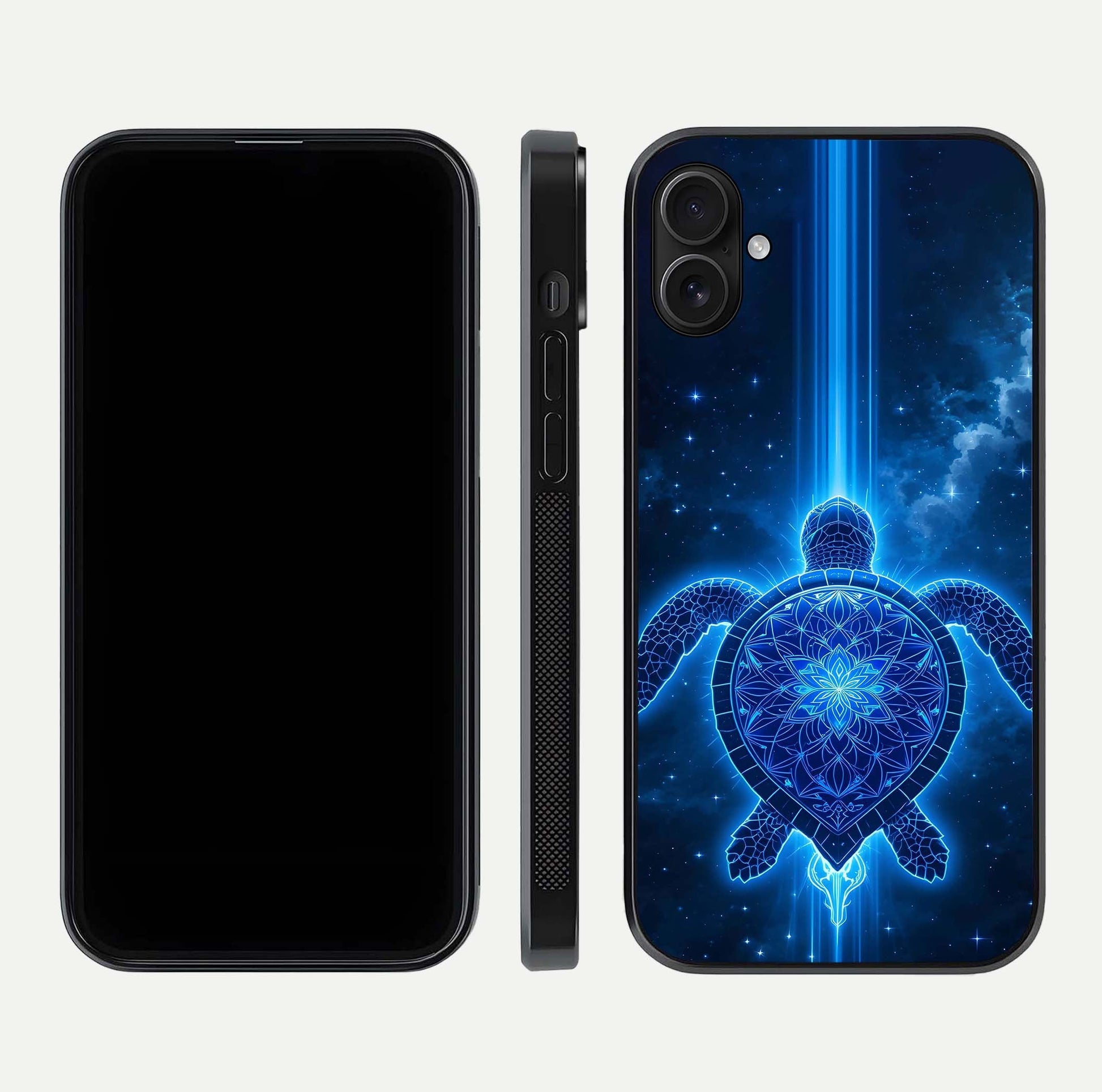 Blue Galaxy Turtle Glass Case for iPhone 16 Plus front-and-back layout highlighting cosmic art and reflective glass
