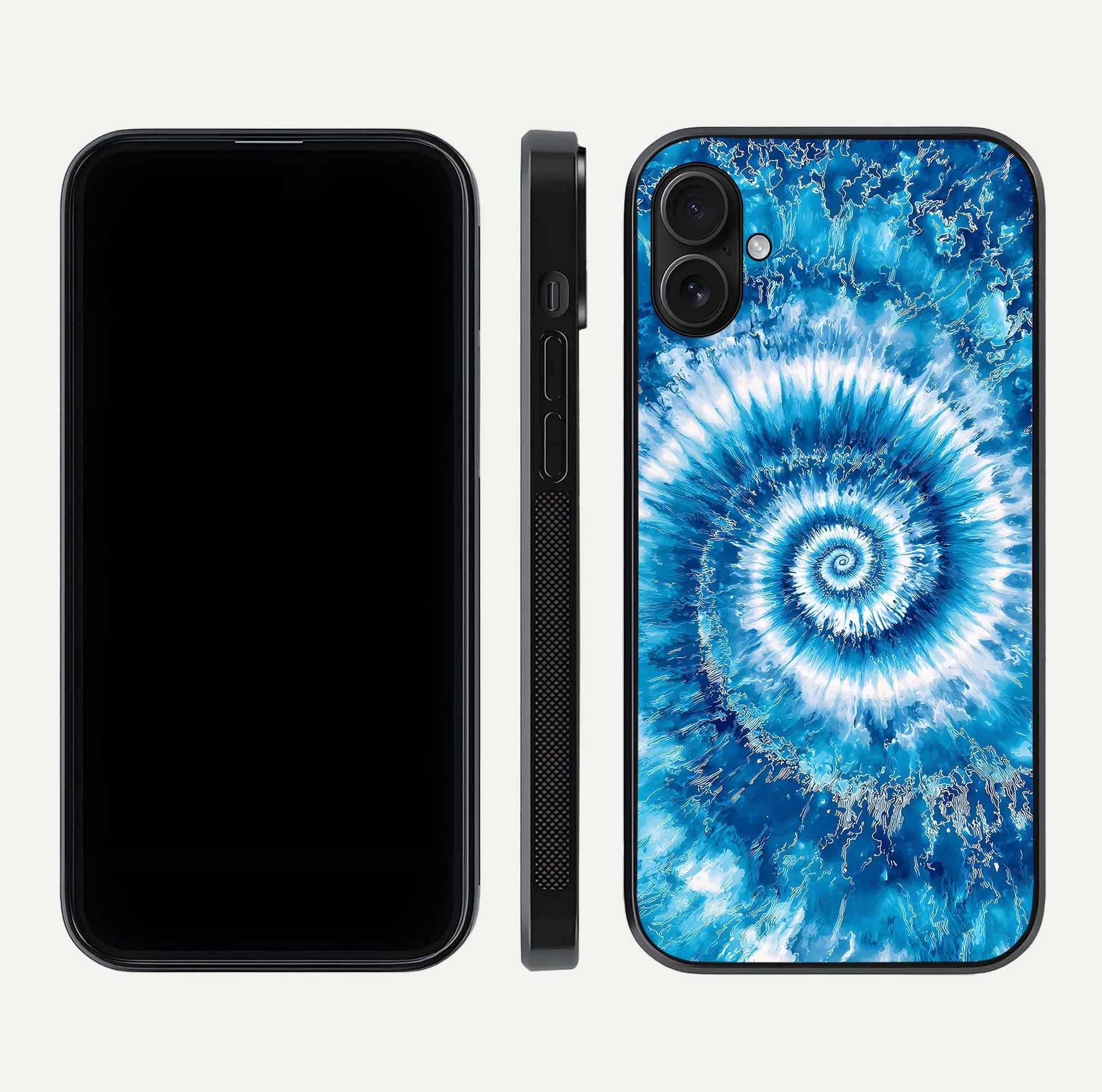 Blue Galaxy Wave Glass Case for iPhone 16 Plus front-and-back layout showing gradient flow and shine clarity