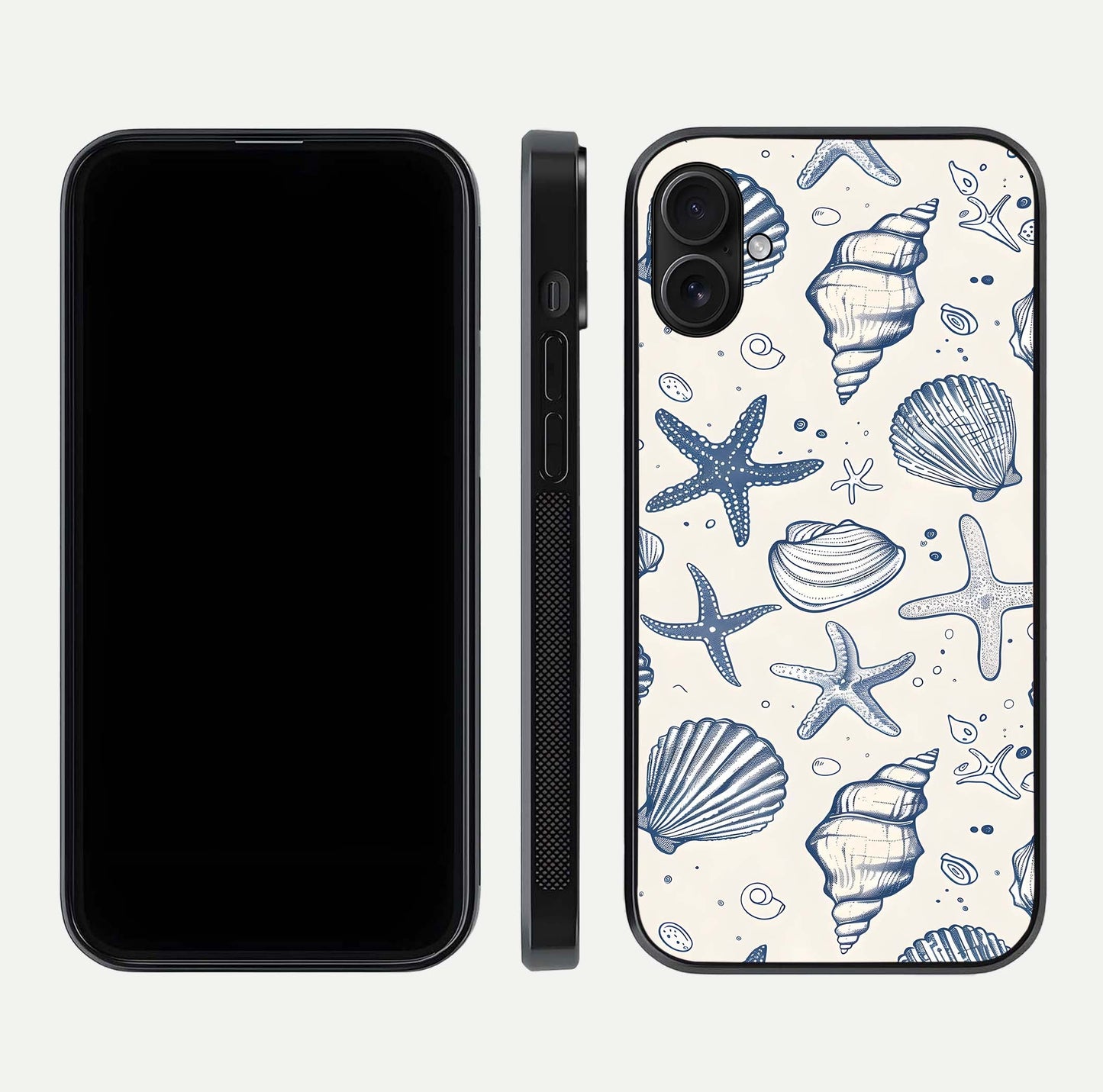 Blue Ocean Outline Glass Case for iPhone 16 Plus front-and-back layout showing minimal wave design and HD gloss