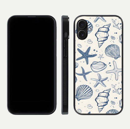 Blue Ocean Outline Glass Case for iPhone 16 Plus front-and-back layout showing minimal wave design and HD gloss