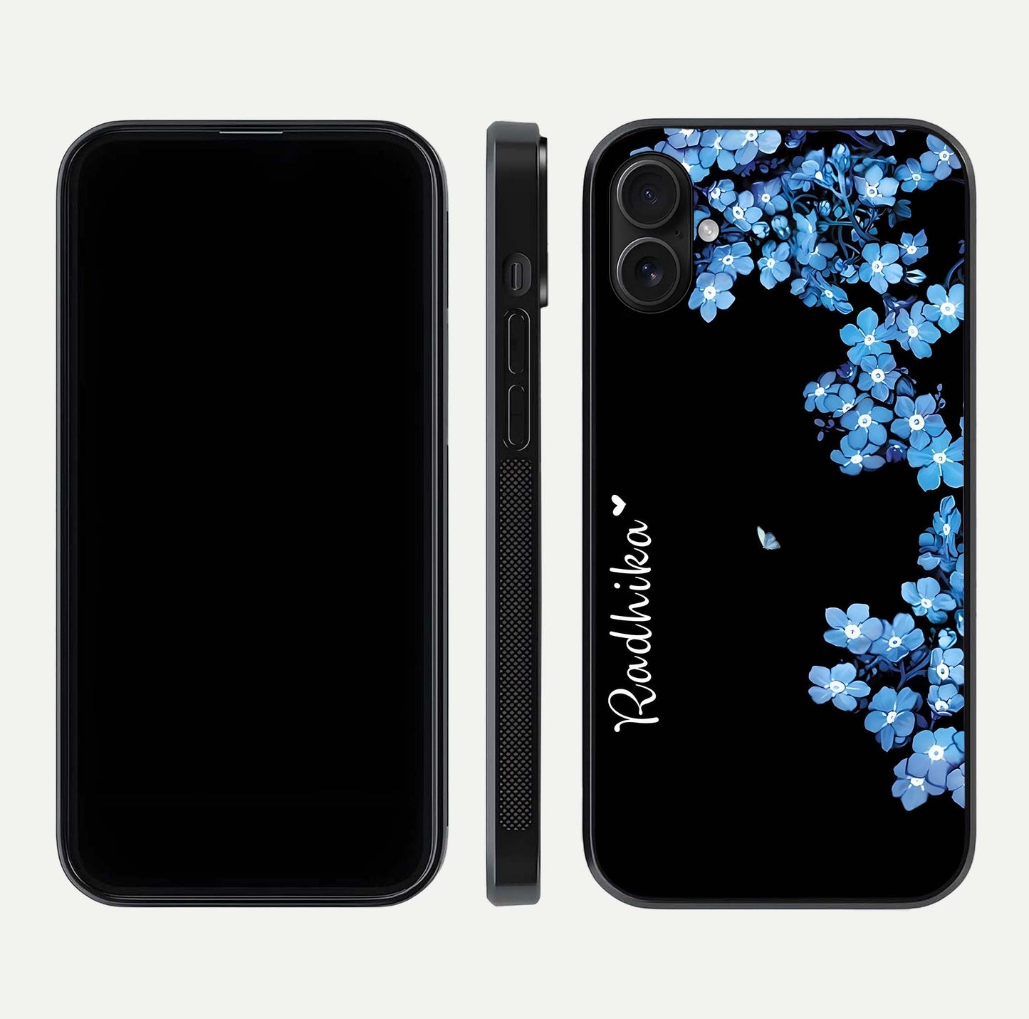 Blue Petal Dream Custom Name Glass Case for iPhone 16 Plus dual-view layout showing text placement and premium finish