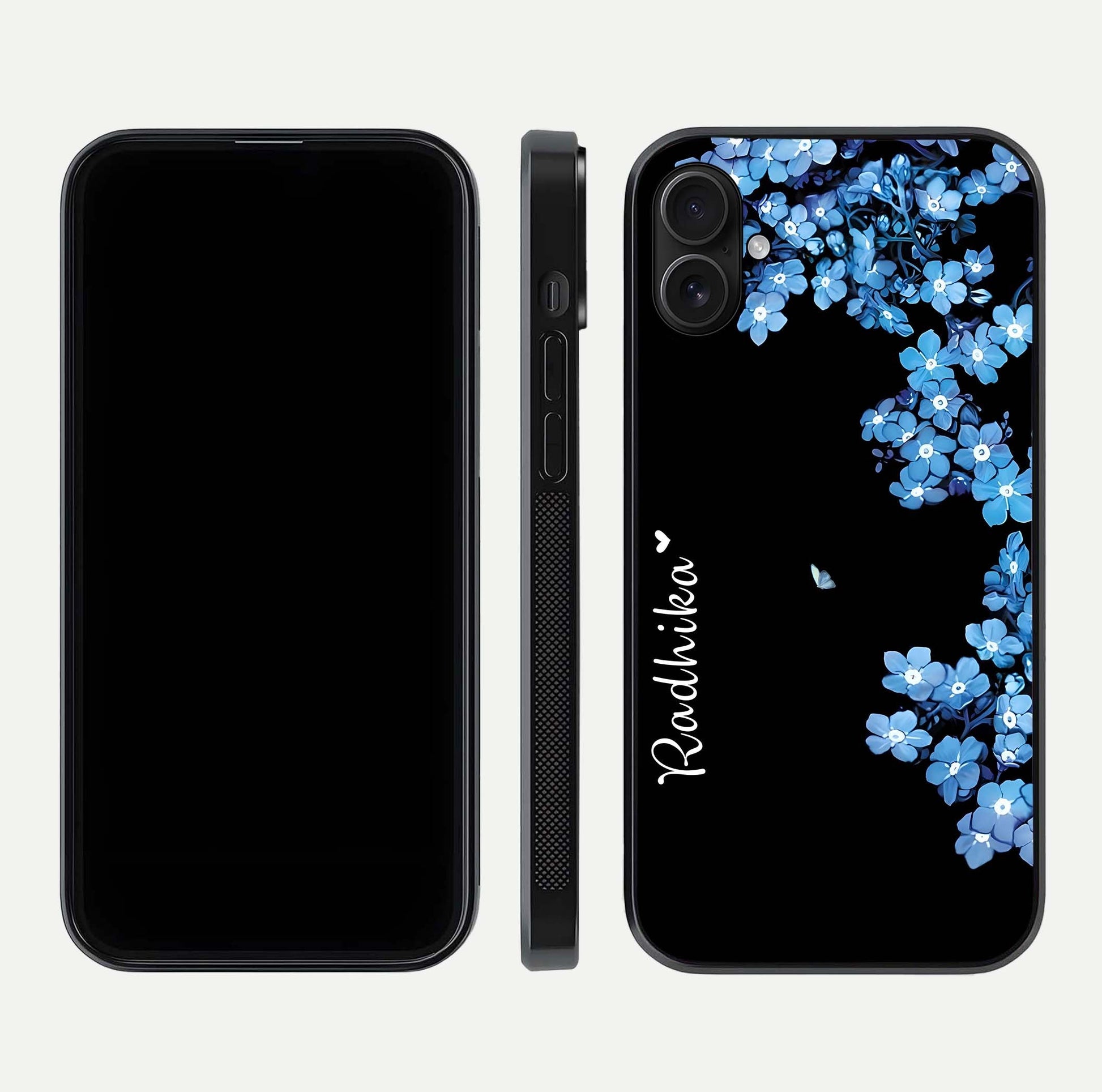 Blue Petal Dream Custom Name Glass Case for iPhone 16 Plus dual-view layout showing text placement and premium finish