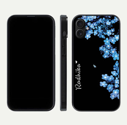 Blue Petal Dream Custom Name Glass Case for iPhone 16 Plus dual-view layout showing text placement and premium finish