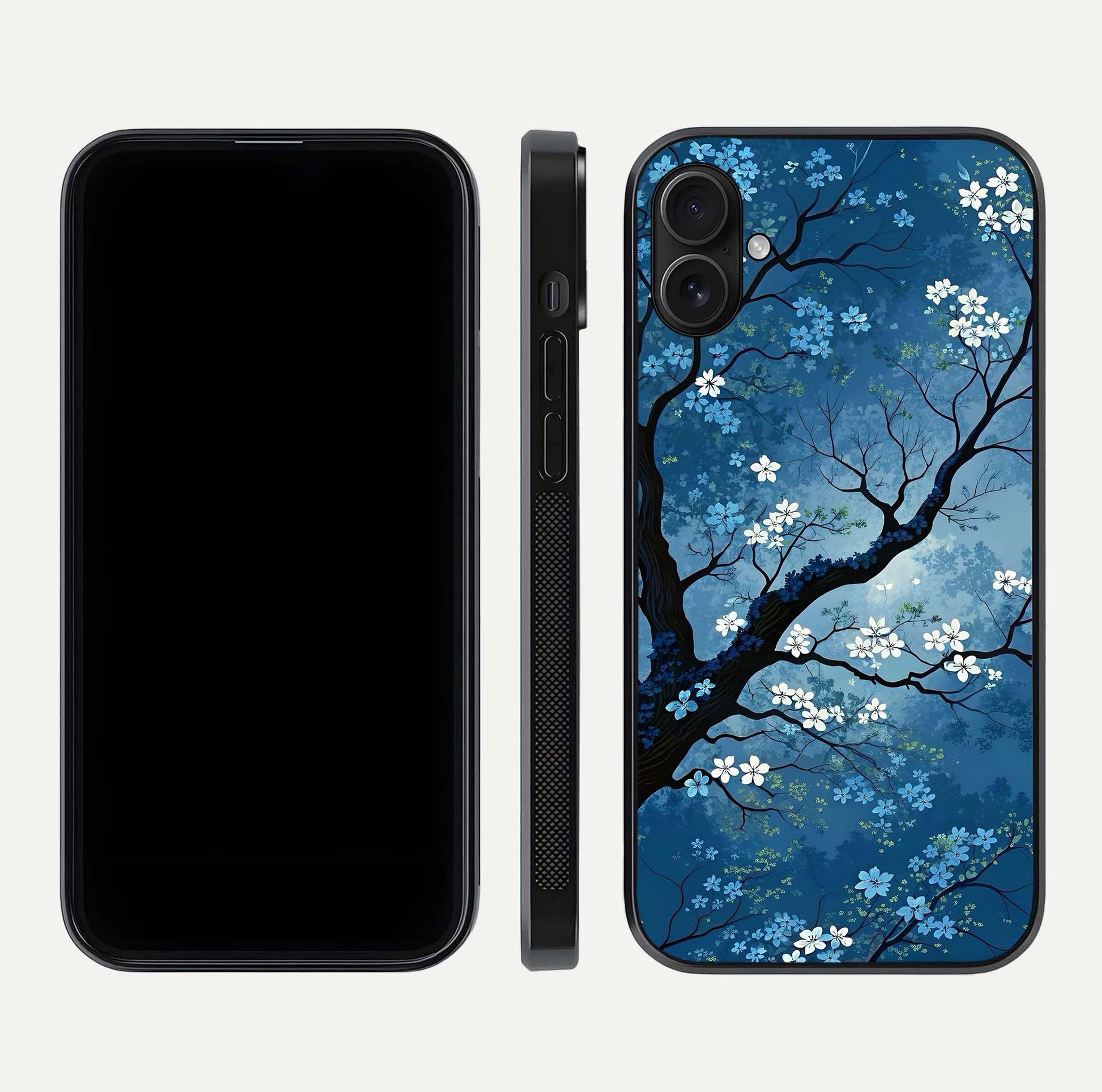 Blue Tree Serenity Glass Case for iPhone 16 Pro front-and-back layout showing gradient background and smooth edges