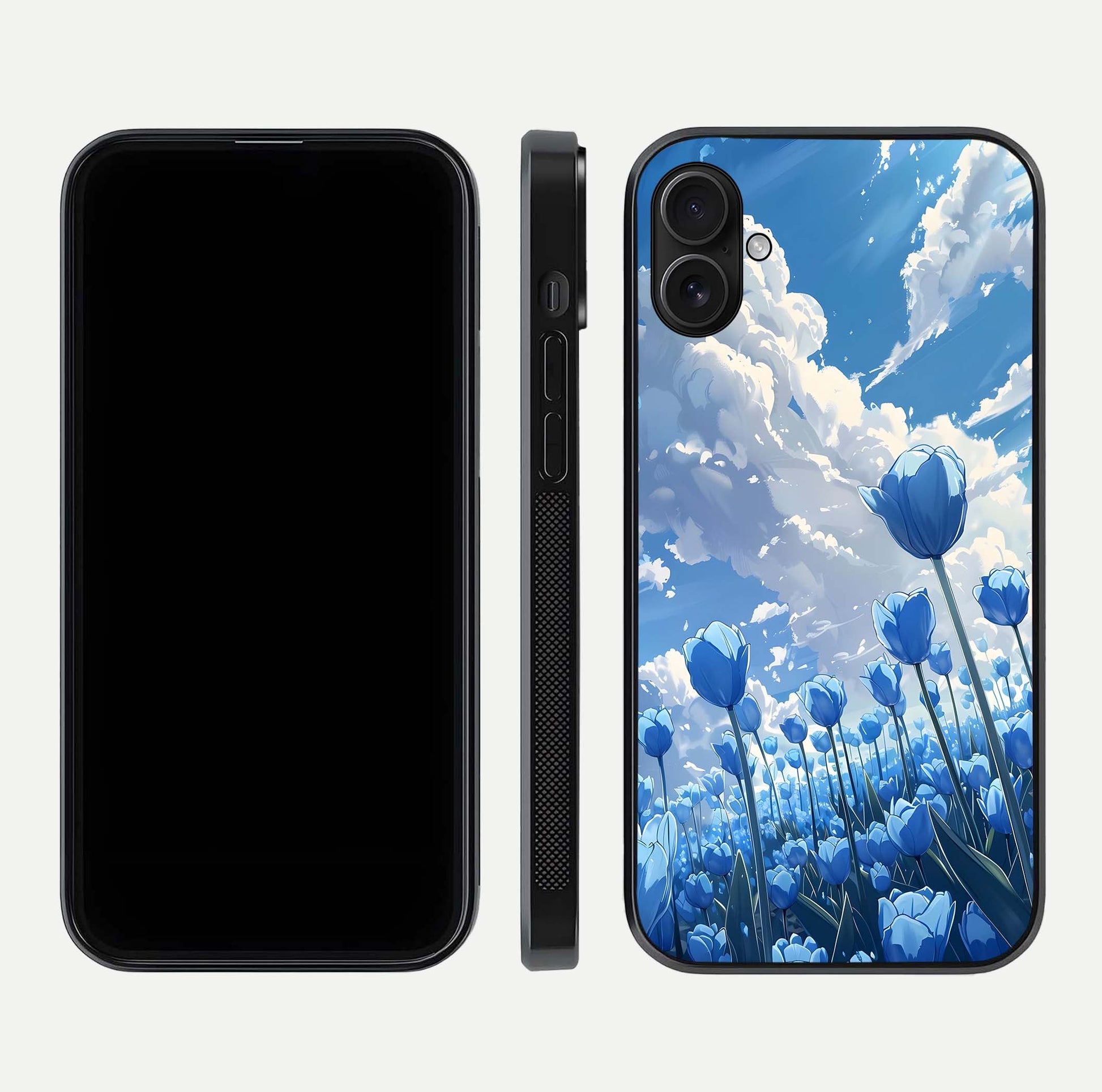 Blue Tulip Clouds Glass Case for iPhone 16 Plus front-and-back layout showcasing floral detail and polished edges