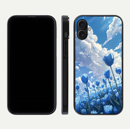 Blue Tulip Clouds Glass Case for iPhone 16 Plus front-and-back layout showcasing floral detail and polished edges