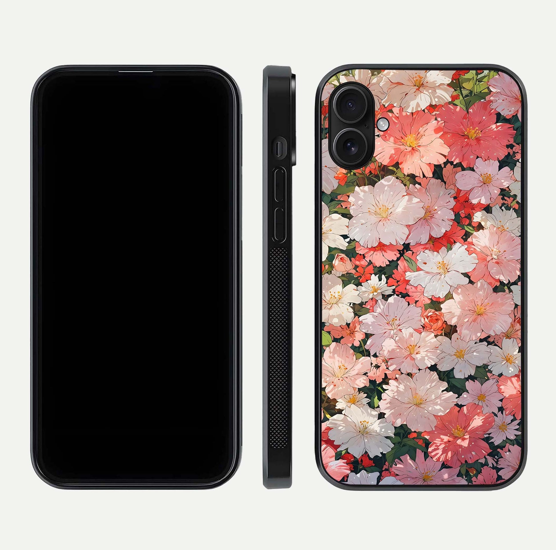 Blush Bloom Field Glass Case for iPhone 16 Plus dual-view layout showing bloom arrangement and protective frame