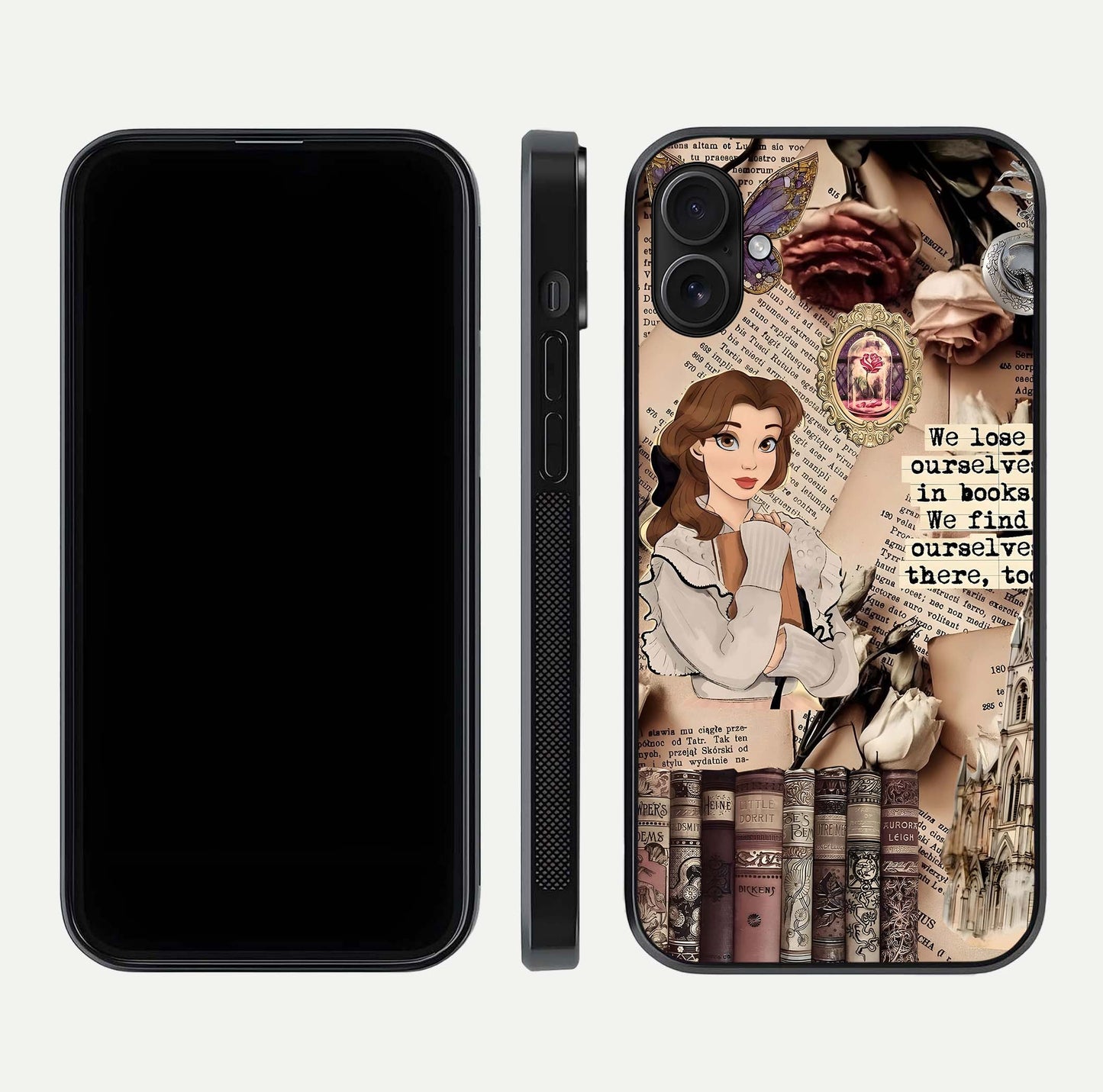 Bookish Dream World Glass Case for iPhone 16 Plus dual-view layout displaying colorful fantasy print and edge finish