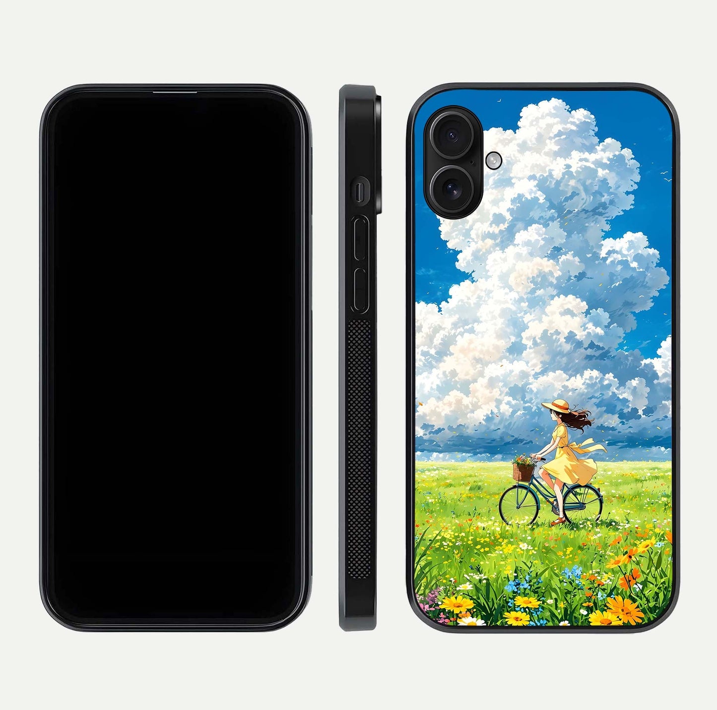 Breezy Meadow Ride Glass Case for iPhone 16 Plus dual-view layout showing soft landscape design and reflection gloss