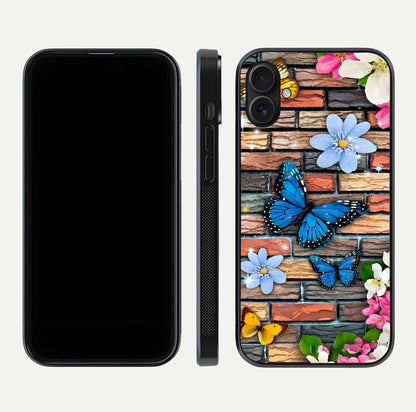 Brick Bloom Flight Glass Case for iPhone 16 Plus dual-view layout showing bloom placement and protective edge design