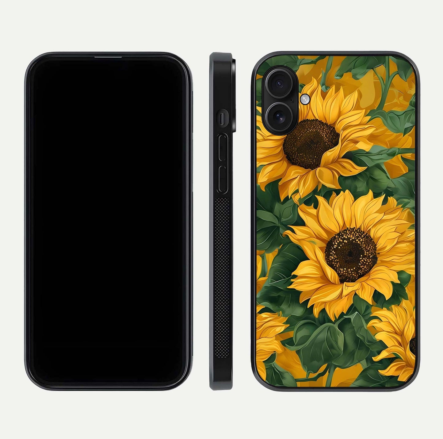 Bright Sunflower Bloom Glass Case for iPhone 16 Plus dual-view layout displaying floral glow and curved glass edge