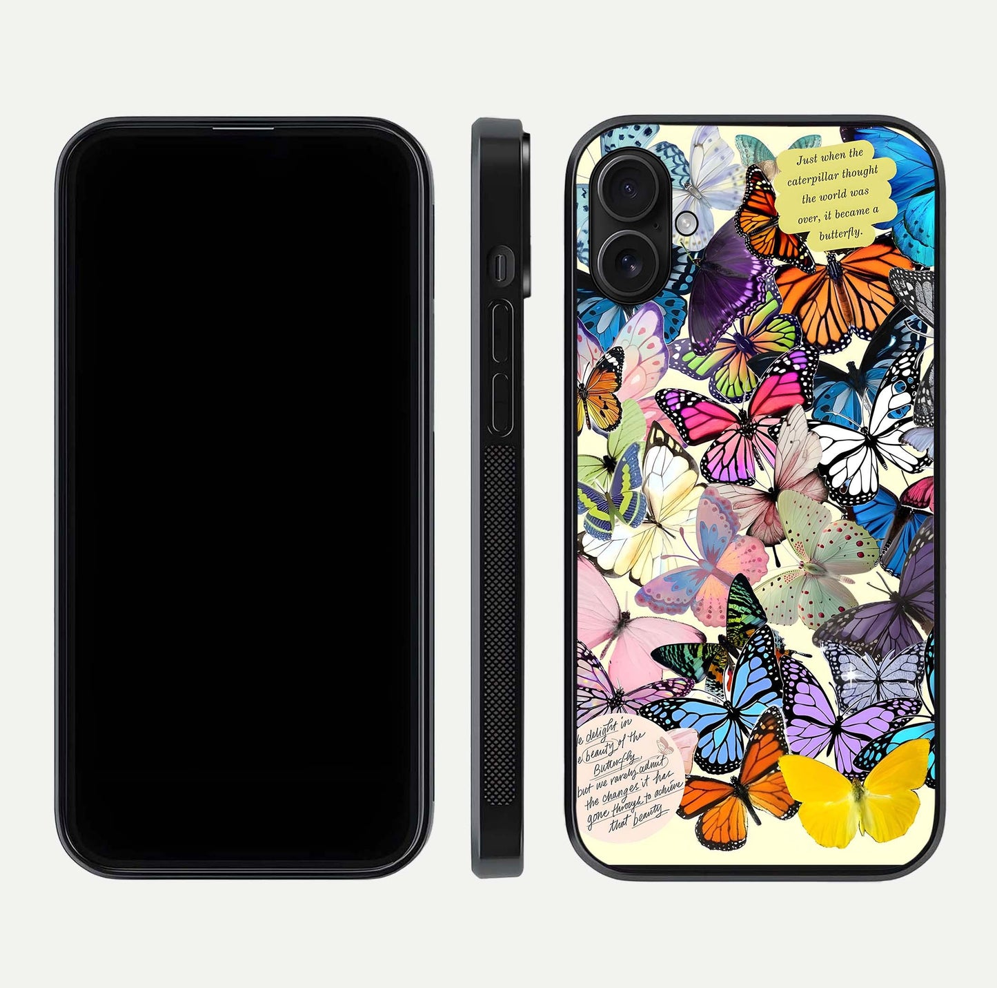 Butterflies Petal Dream Glass Case for iPhone 16 Plus front-and-back layout showcasing floral spread and reflection shine