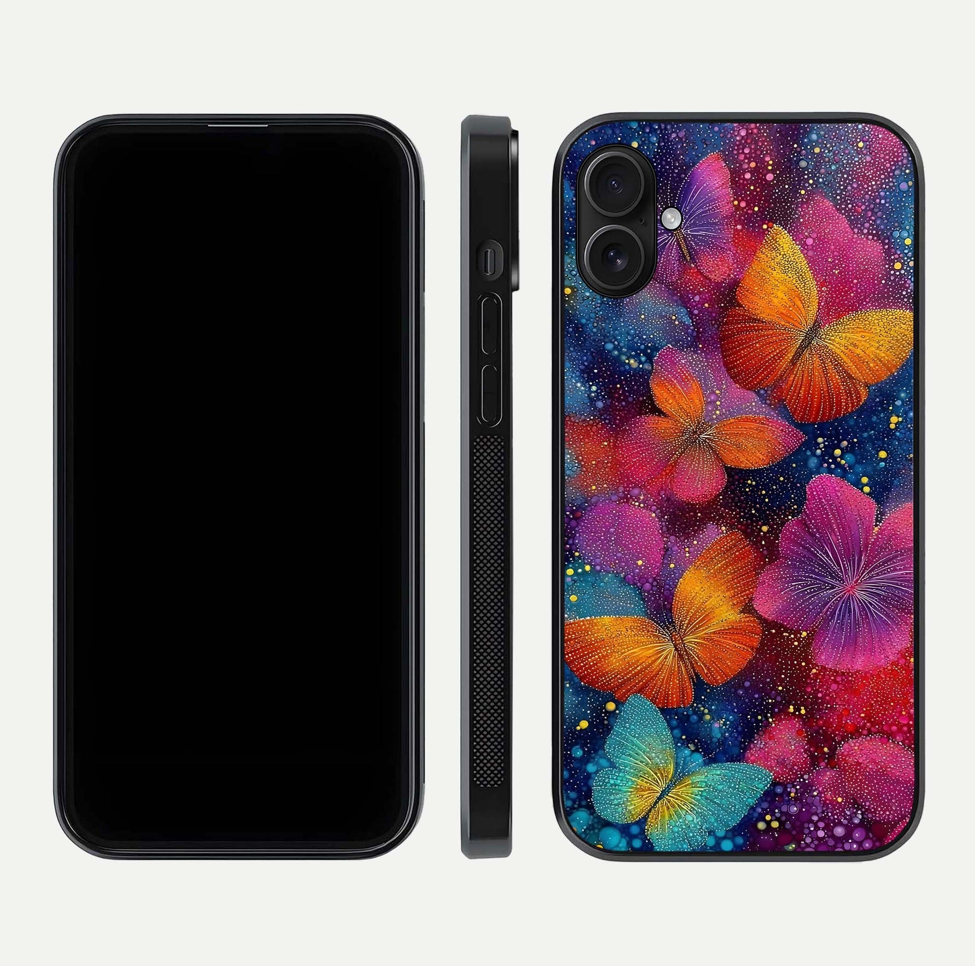 Butterfly Dream Mist Glass Case for iPhone 16 Plus dual-view layout showing mist background and edge polish