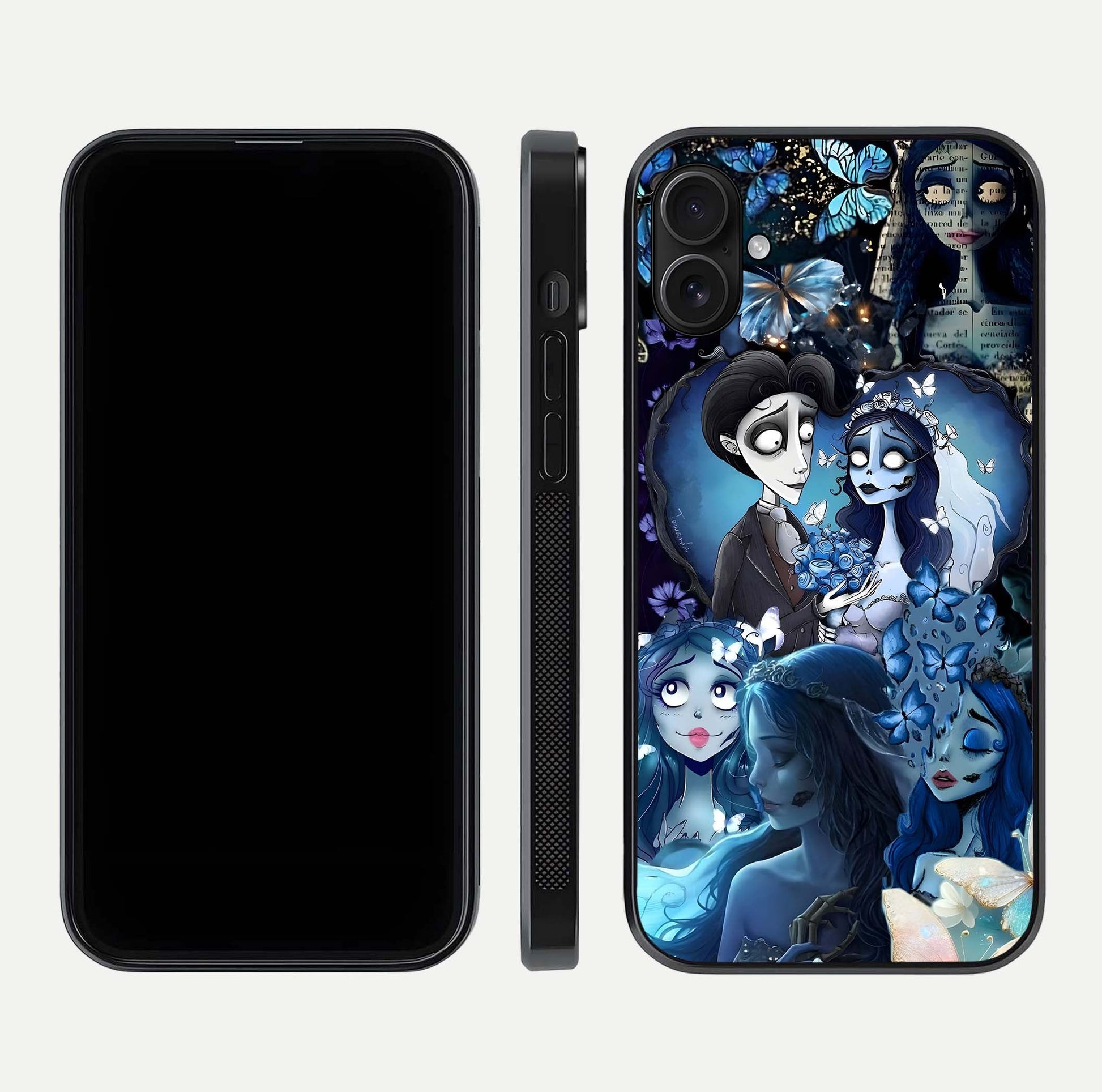 Butterfly Ghost Soul Glass Case for iPhone 16 Plus front-and-back layout highlighting dark art balance and HD shine