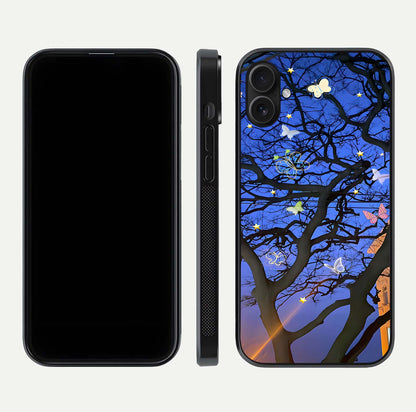 Butterfly Night Magic Glass Case for iPhone 16 Plus dual-view layout displaying balanced art and edge clarity