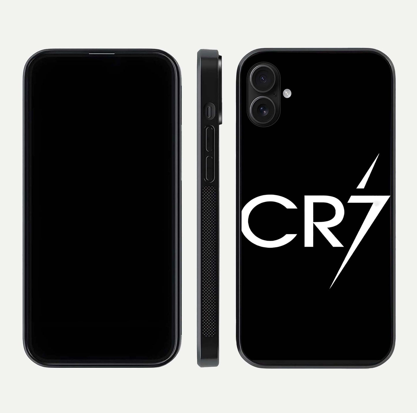 CR7 Elite Strike Glass Case for iPhone 16 Plus dual-view layout showing sport tones and edge clarity