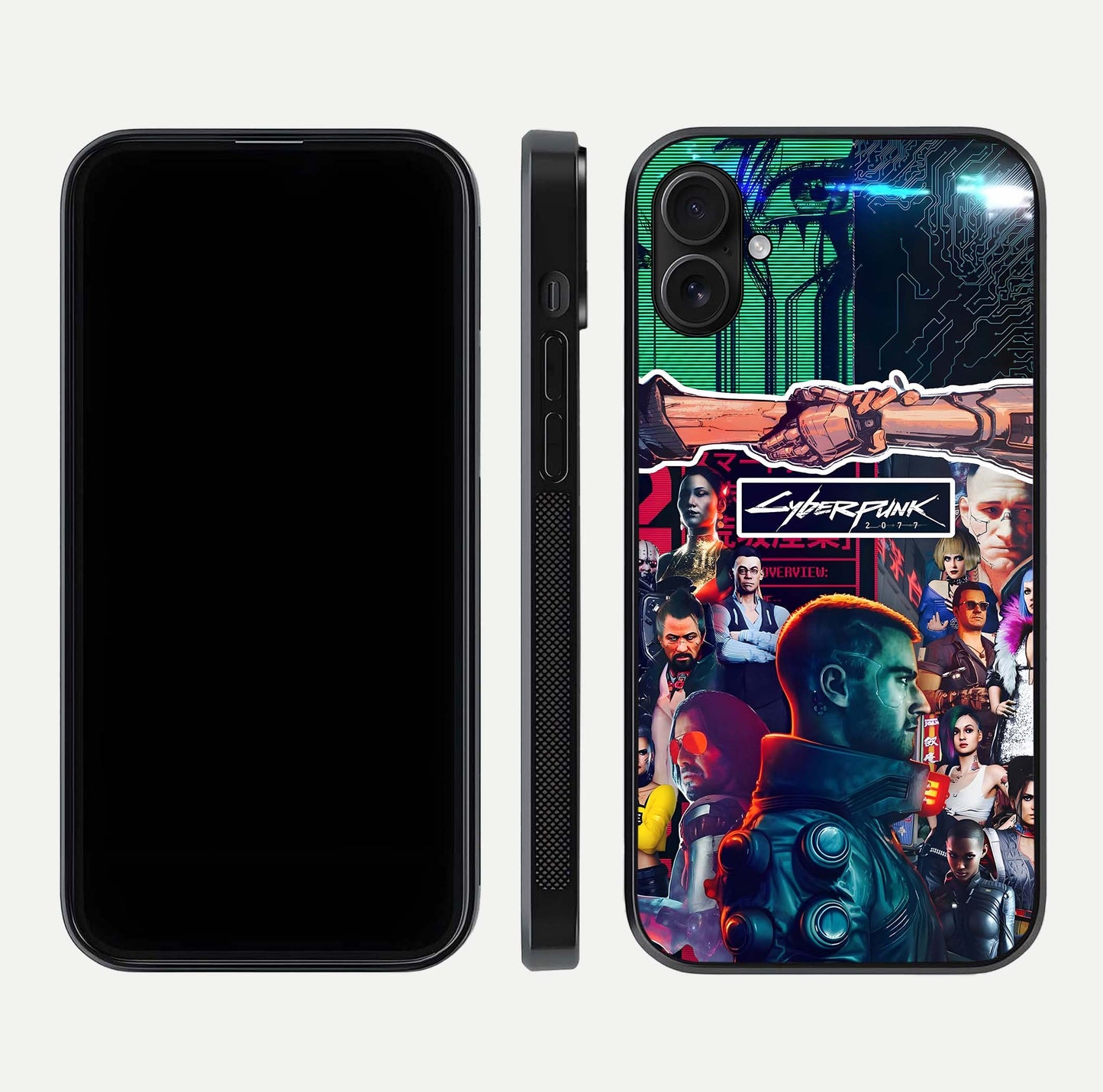 CYBERPUNK Legacy Glass Case for iPhone 16 Plus dual-view layout showing cyberpunk hues and glass precision