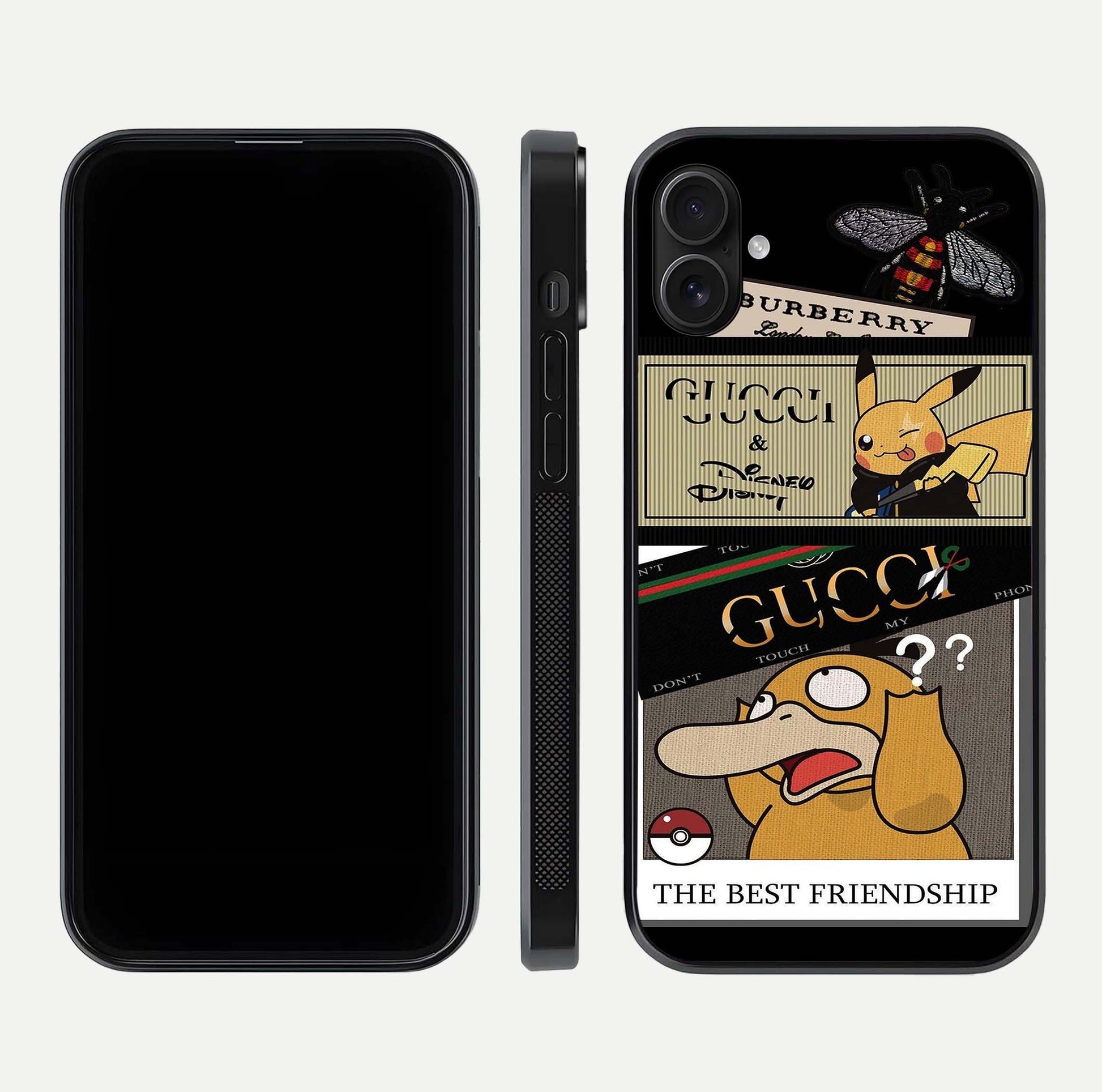 Cartoon Brand Play Mashup Glass Case for iPhone 16 Plus front and back view layout highlighting multi-logo artwork and curved edges