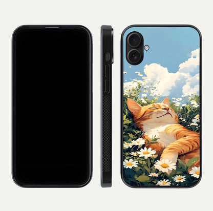 Cat & Flowers View Glass Case for iPhone 16 Plus front-and-back layout showing floral balance and gloss surface