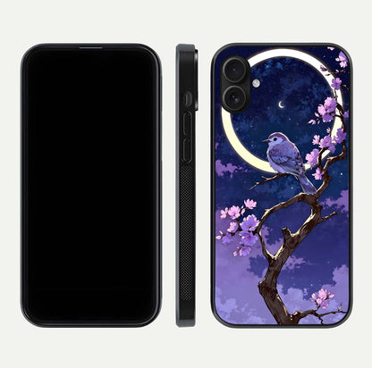 Celestial Bird Blossom Glass Case for iPhone 16 Plus dual-view layout showing art composition and edge clarity