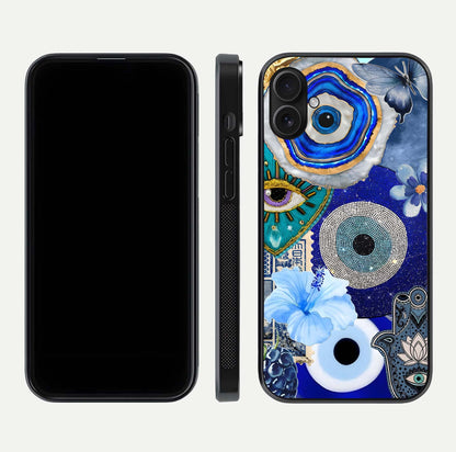 Celestial Blue Vision Glass Case for iPhone 16 Plus dual-view layout showing celestial gradient and curved edges